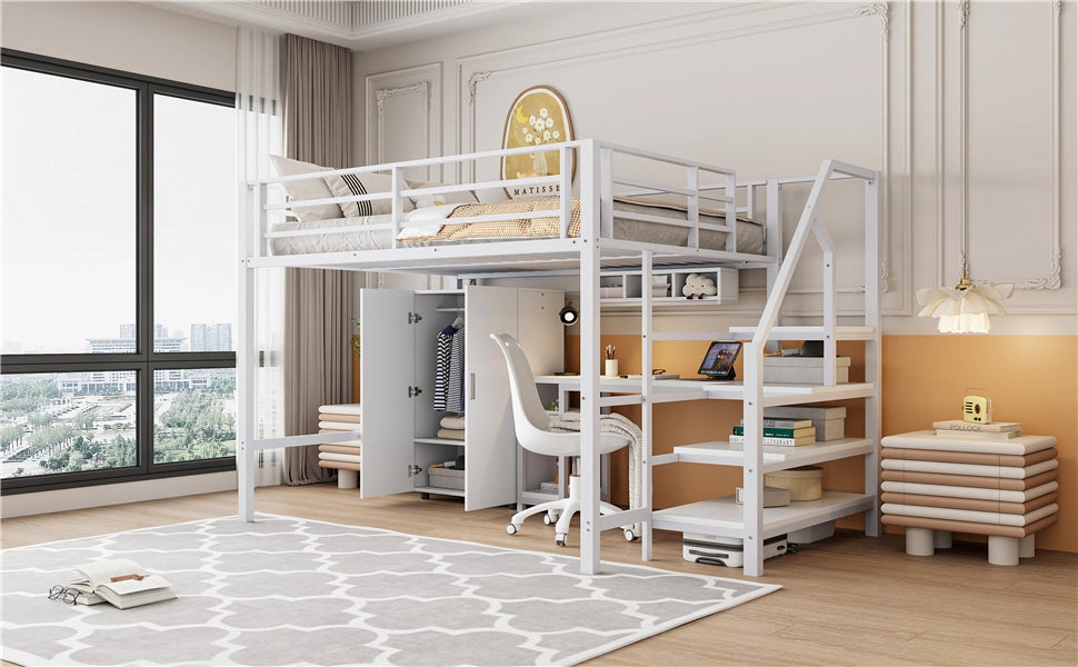 DESMIU Letto a Soppalco 2 Posti con Armadio, Scrivania e Scaffali 140 × 200 cm, Senza Materasso, Bianco