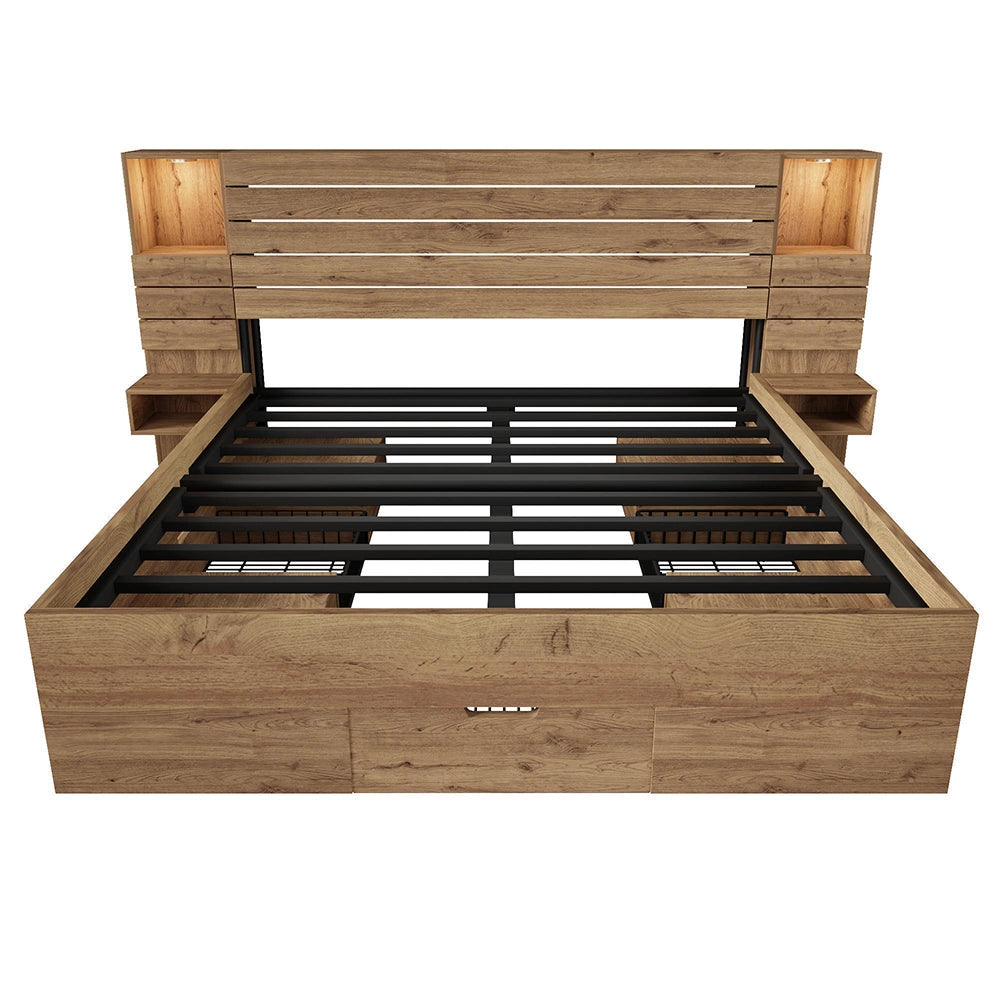 Letto matrimoniale in legno - Xylo - 160x200 cm - LED, USB-C, comodini sospesi, cassetti
