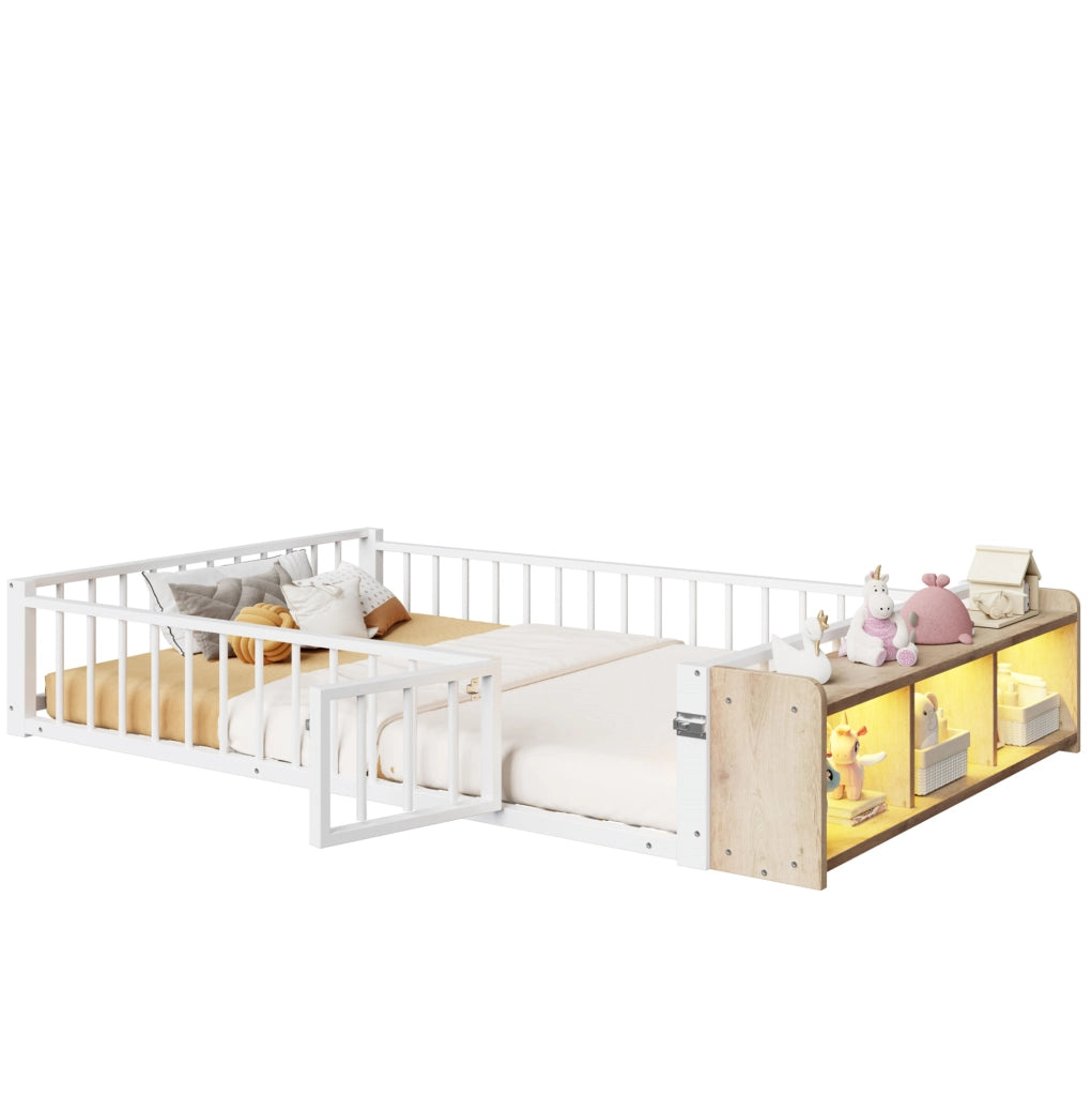 Letto per bambini in metallo 140x200 cm con protezione laterale; ripiano aperto e luci LED; bianco