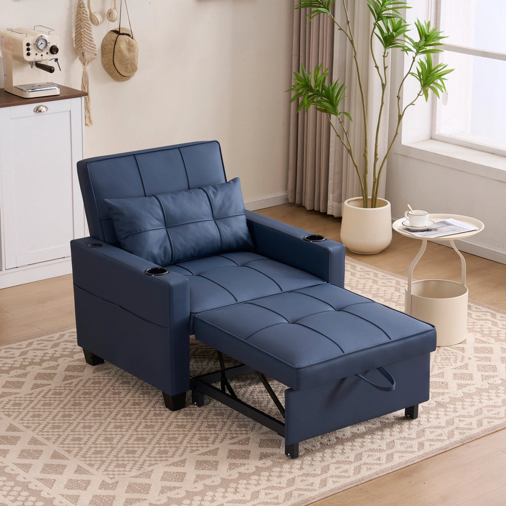 Poltrona letto 3 in 1 estraibile con schienale regolabile USB e tasca laterale in legno e metallo blu