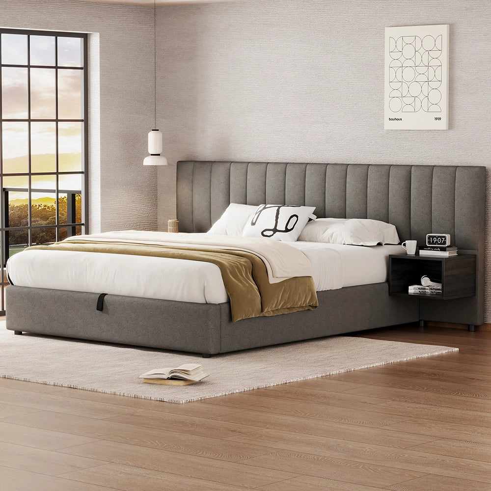 Letto imbottito 160x200 cm con 2 comodini con spazio di archiviazione - Xylo - Grigio + Nero