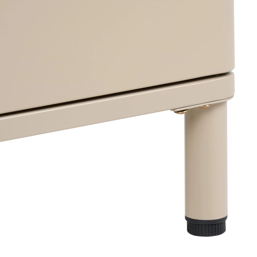 Credenza multimediale in acciaio a 2 ante, colore beige, con angoli arrotondati e maniglie dorate