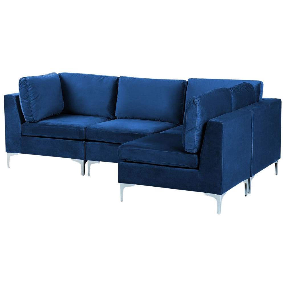 Divano ad angolo componibile versione sinistra a 4 posti in velluto blu marino con gambe in metallo argento stile glamour