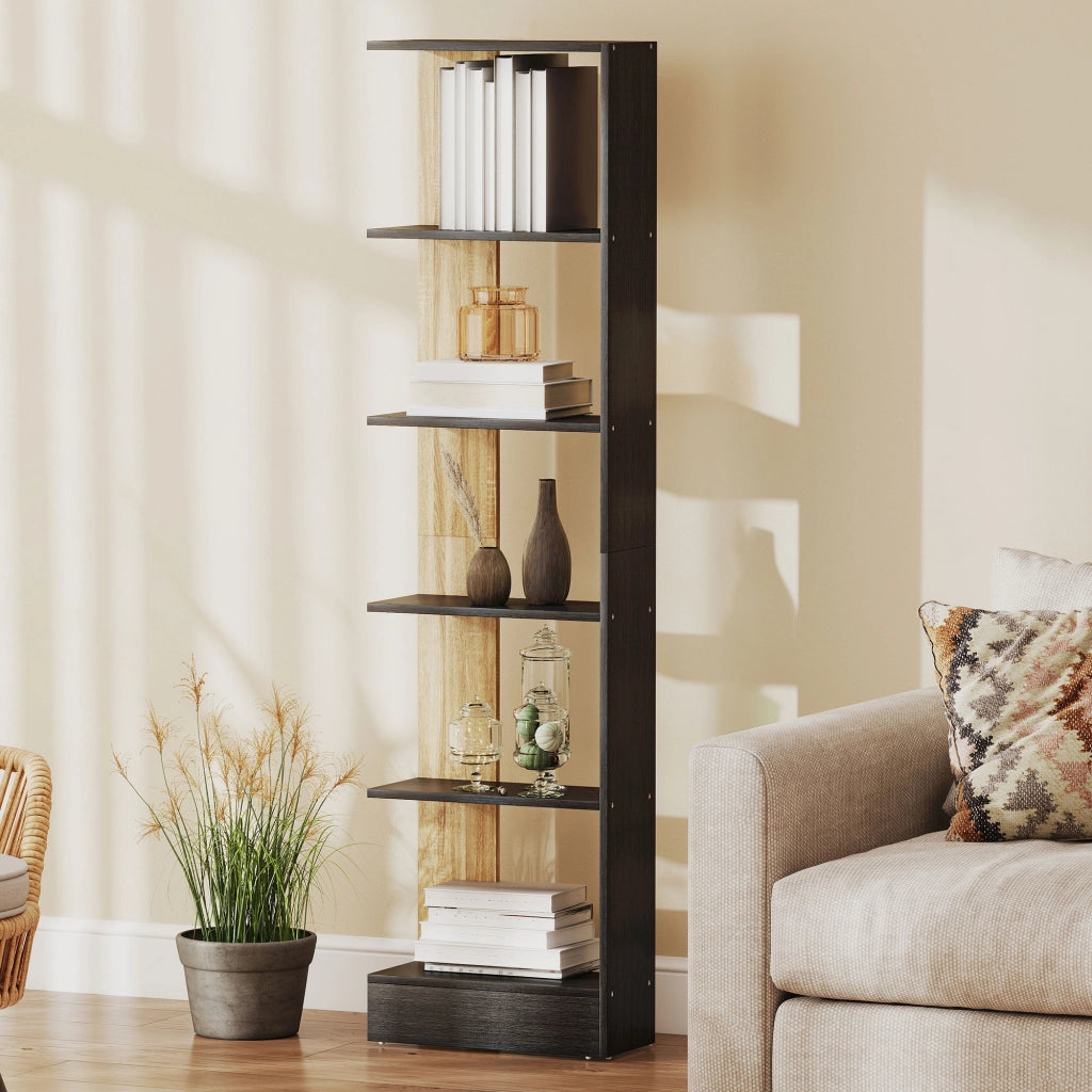 Libreria a 5 Ripiani Aperti ¨C zephmum ¨C Nero e Quercia 45x21x170 cm