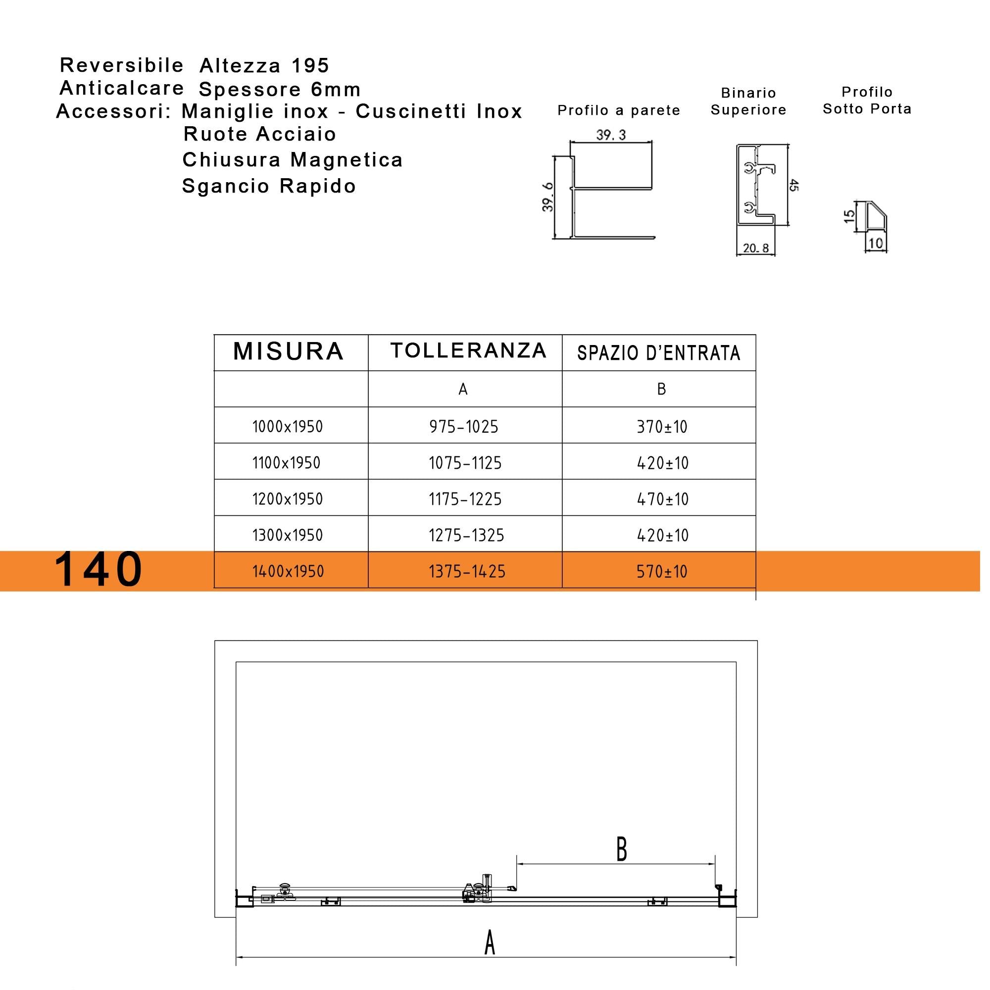 Porta Parete Doccia 140 cm 1 Anta Scorrevole in Cristallo Trasparente 6mm H195 Bonussi Eliane