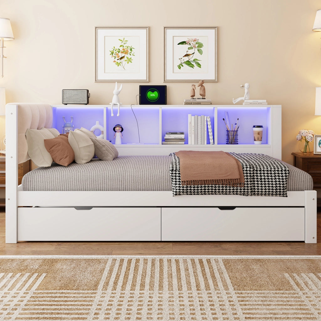 Letto singolo 90 × 200 cm con 2 cassetti, ripiani laterali, LED dimmerabile e USB, senza materasso, bianco