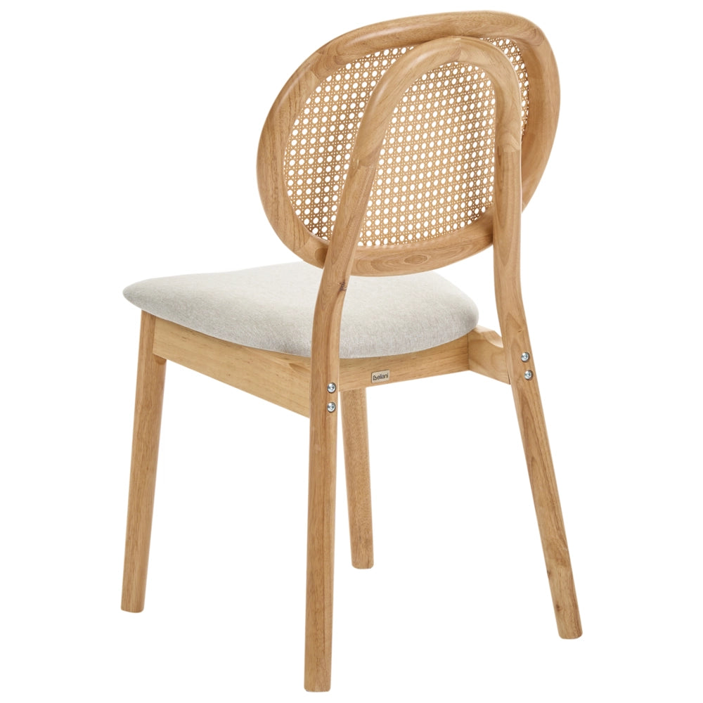 Set di 2 sedie da pranzo con struttura in legno e rivestimento in tessuto marrone chiaro e beige, schienale ovale con intreccio viennese, stile Japandi