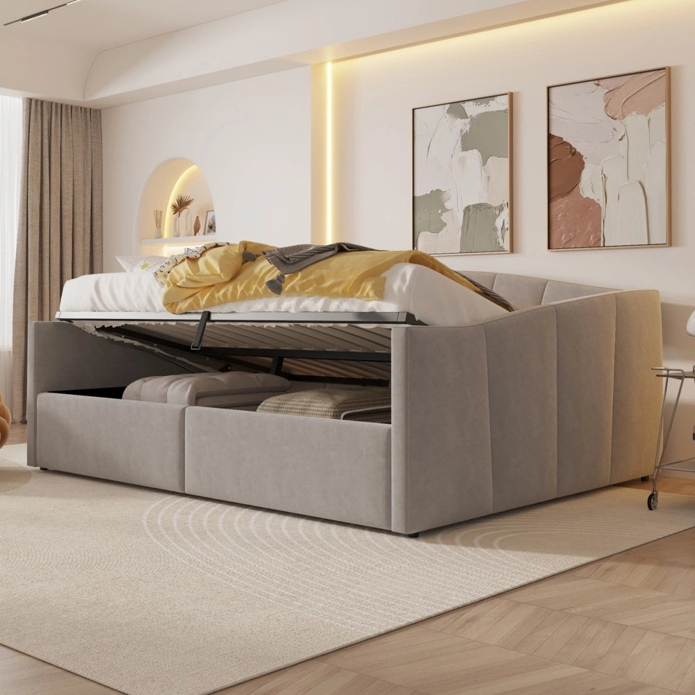 Divano letto matrimoniale 140x200cm - Xylo - grigio chiaro, idraulico, doghe