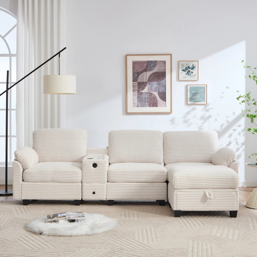 Divano modulare 4 posti - con console scorrevole e pouf contenitore - in velluto a coste beige