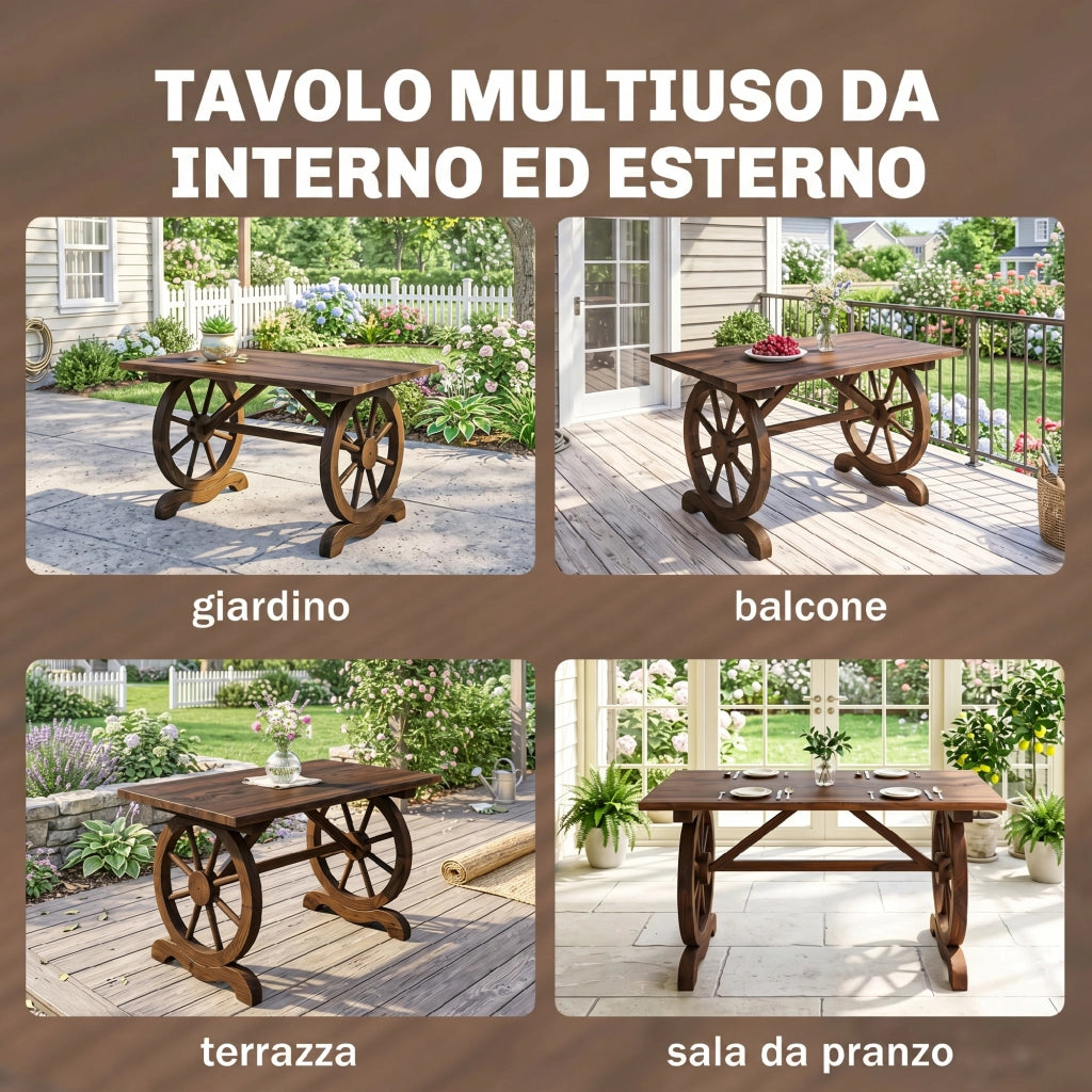 Tavolo da Giardino Stile Country con Gambe a Ruota, in Legno di Abete Resistente alle Intemperie, 110x60x65 cm