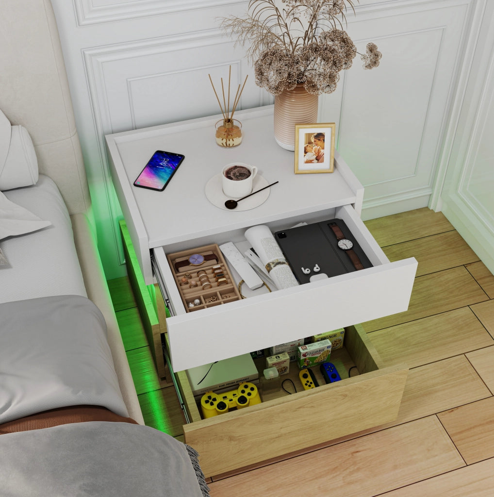 Comodino 50x40x50 cm bianco e naturale con LED, 2 cassetti