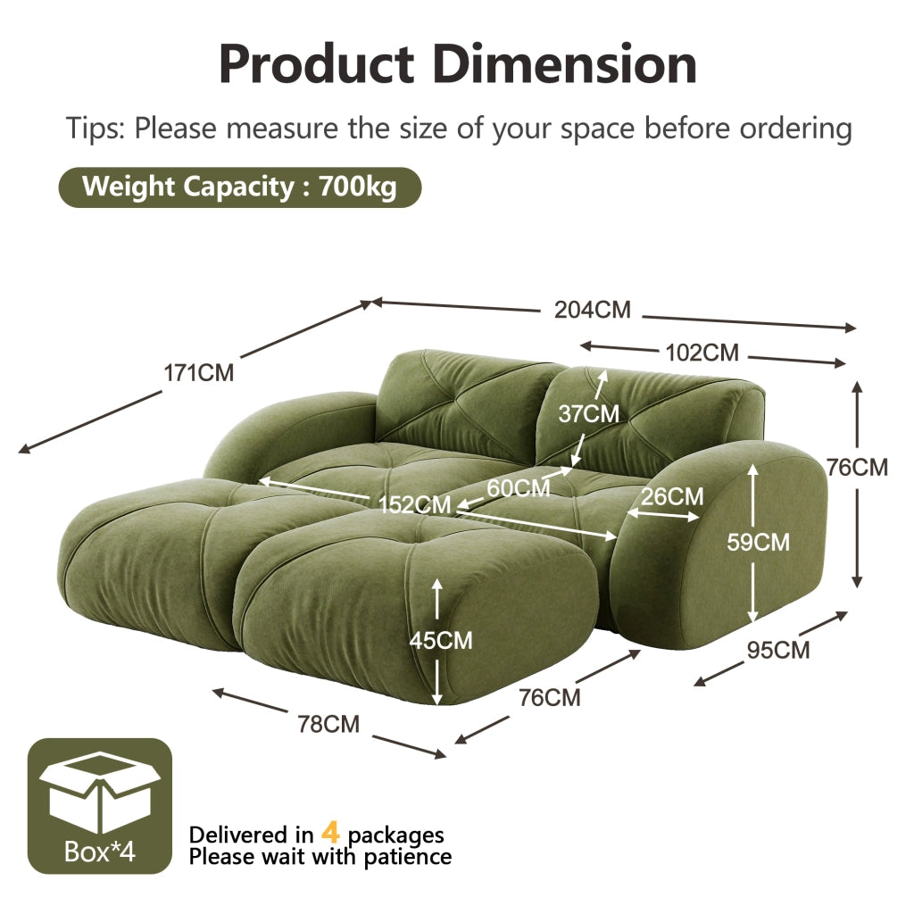 Divano modulare a 2 posti con pouf, senza montaggio e base antiscivolo in ciniglia verde 204 × 171 × 76 cm