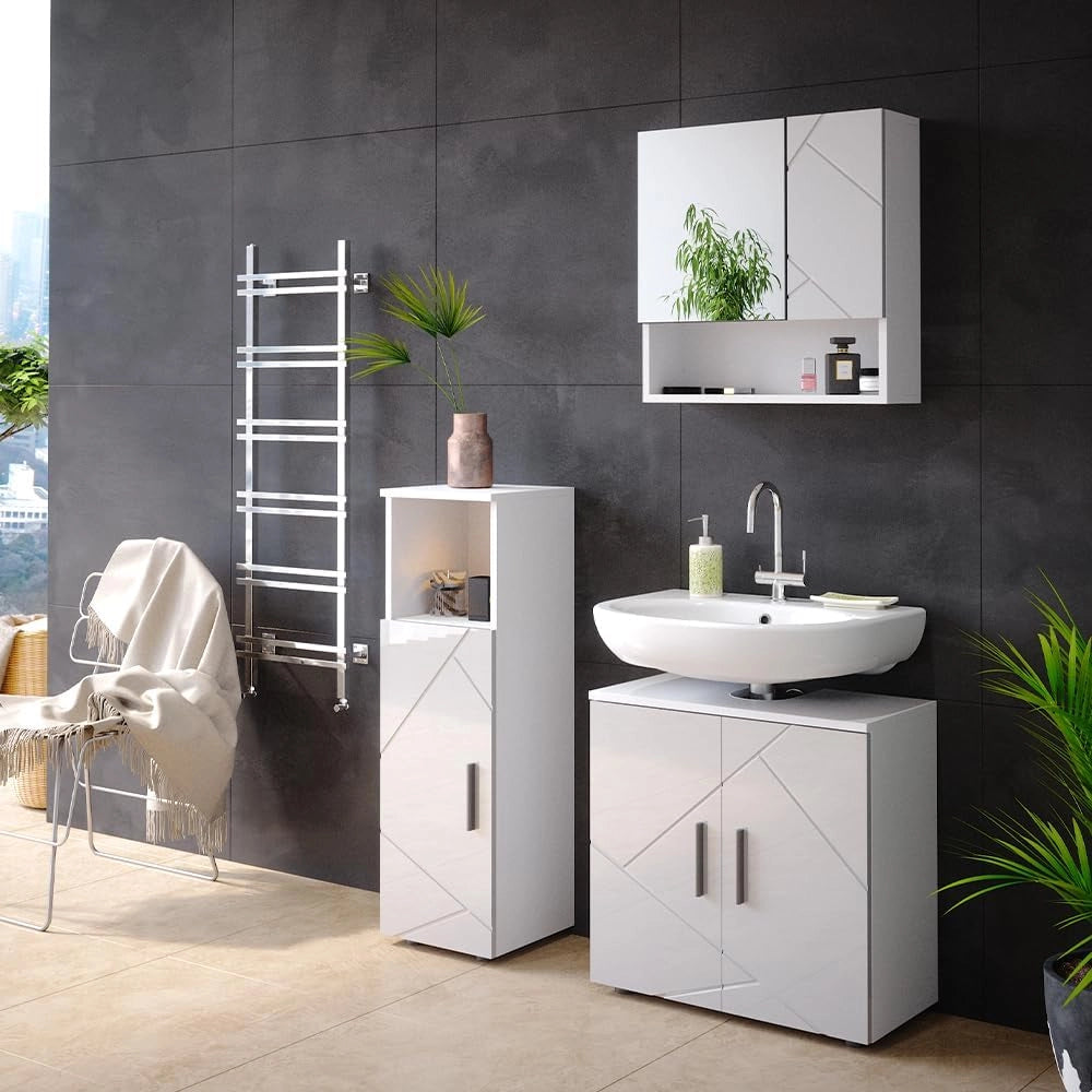 Set mobili bagno Irma, Bianco lucido, 80 cm, composto da mobile sottolavabo, specchiera e mobile medio