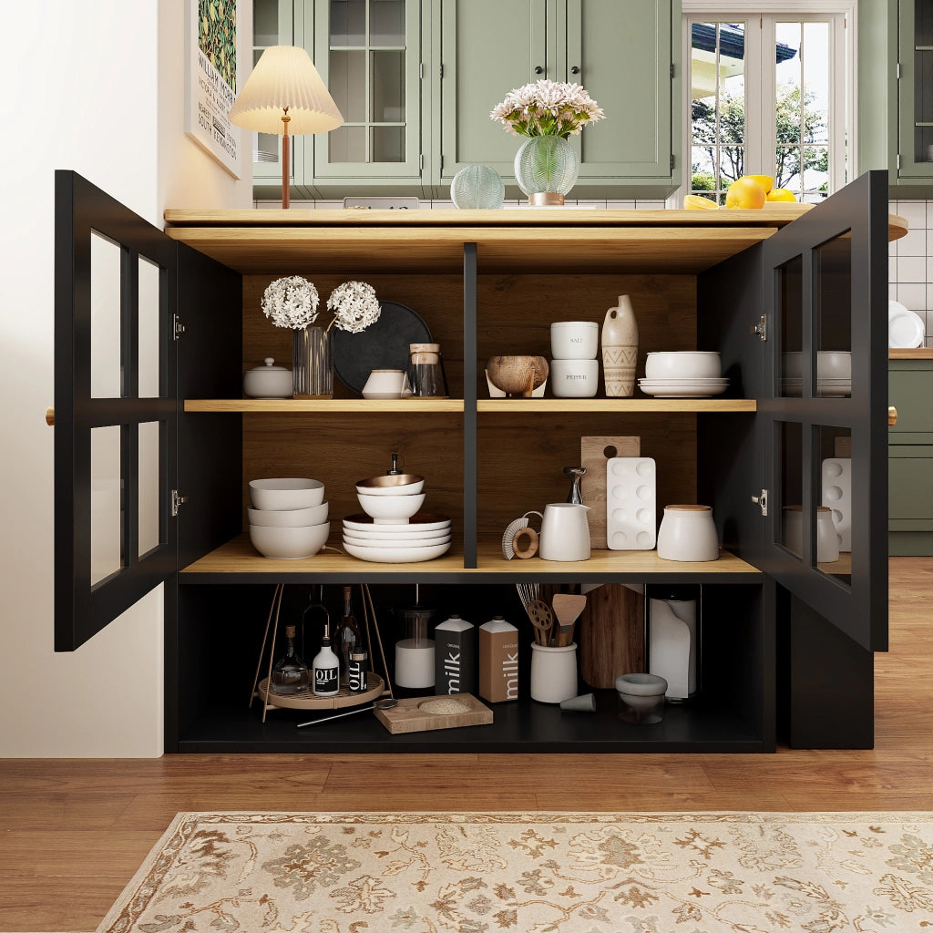 Mobile Bar con 2 Ante in Vetro; 3 Ripiani Laterali; 3 Ripiani Regolabili; Girevole a 360°; in MDF; 138-204 x 39 x 102;5 cm; Nero