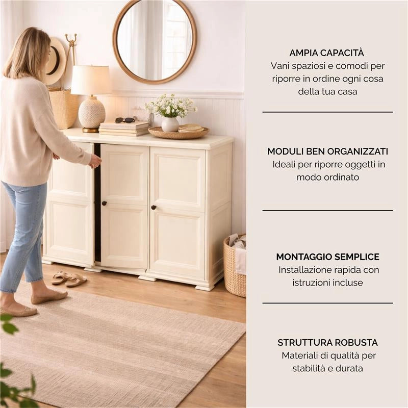 ARMADIO 3 ANTE ANGORA 118X43X85,5 CM CON PUNTALI E ANTE EFFETTO LEGNO – MOBILE CONTENITORE MULTIUSO PER SALOTTO E BALCONE COPERTO
