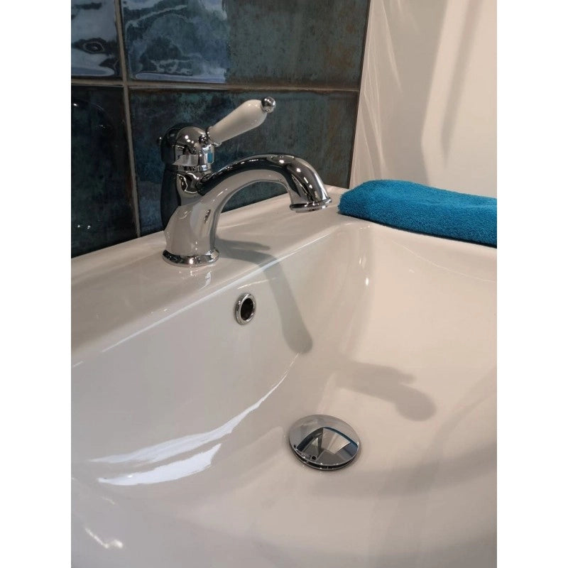 Miscelatore lavabo LABE in ottone cromato con maniglia in ceramica con sifone