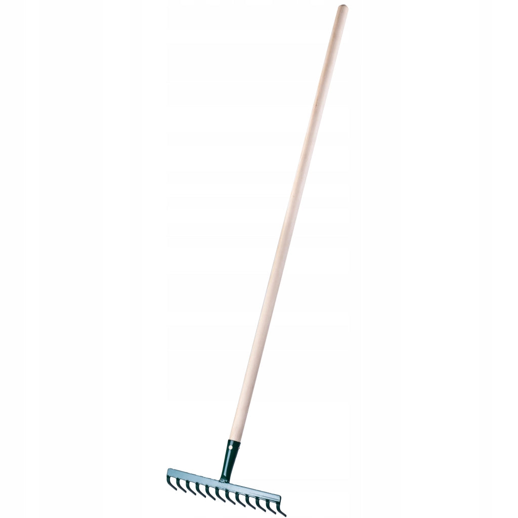 Rastrello per foglie KADAX, per giardino ed erba, con manico in legno, 138 cm, rastrello solido a 12 denti.