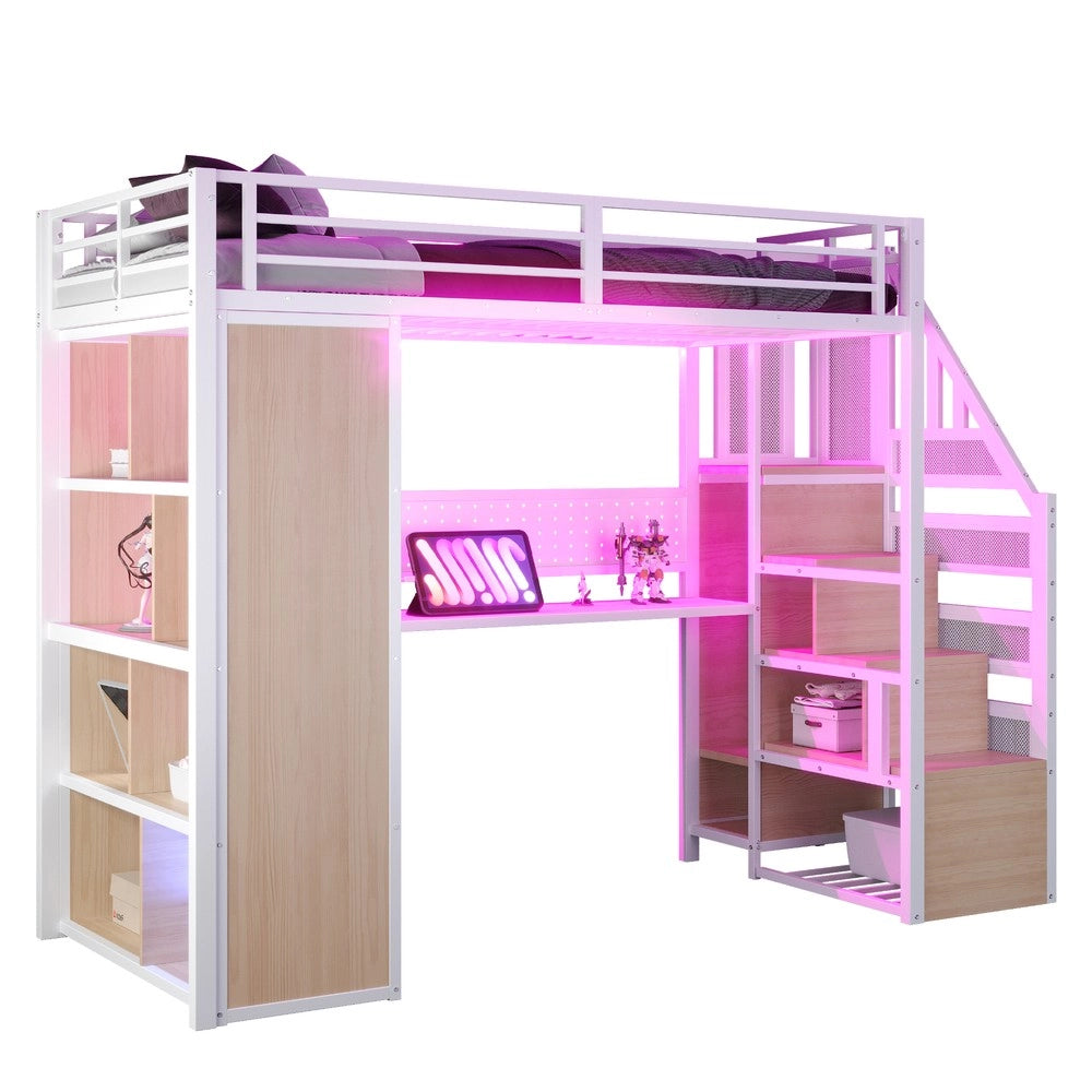 Letto a Soppalco con Scrivania, Armadio e LED ¨C MINIMAL ¨C Metallo Bianco 90x200