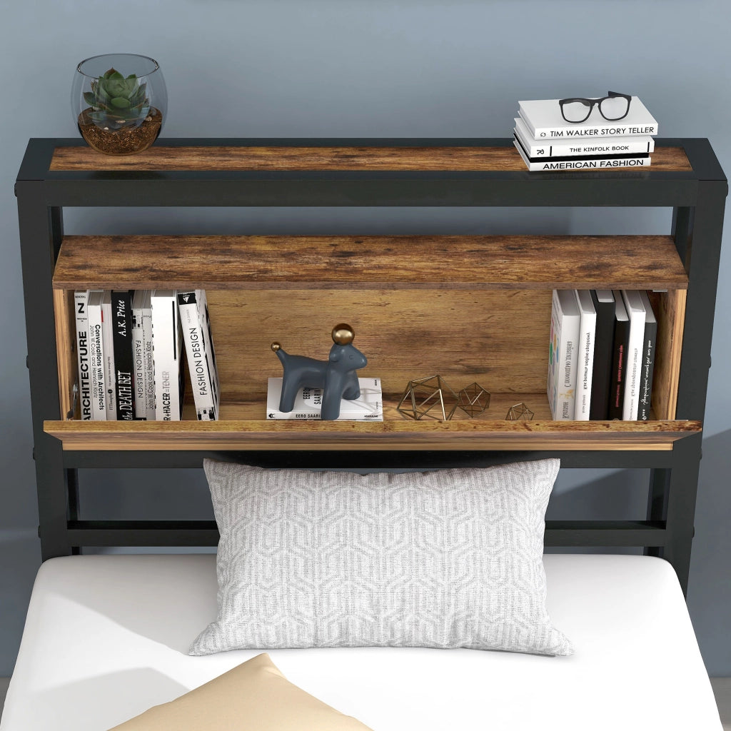 DESMIU Letto singolo 90 × 200 cm con testiera contenitore, senza materasso, in metallo e MDF, naturale