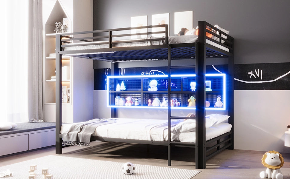 LETTO A CASTELLO 140x200 cm in metallo nero con vani contenitore e LED