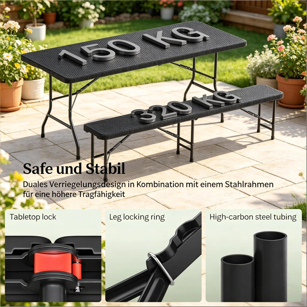 SET DA GIARDINO PIEGHEVOLE 180x74x70 cm HDPE NERO per 8-10 persone