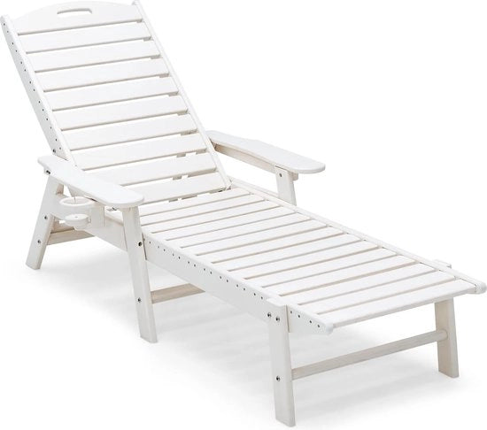 Sedile esterno XXL, 207 x 86 x 31,5 cm, sedile per esterno in look di legno, sedile da giardino con contenitore per bicchieri, braccioli e schienale regolabile, sedile da relax in HDPE per giardino, piscina, terrazza