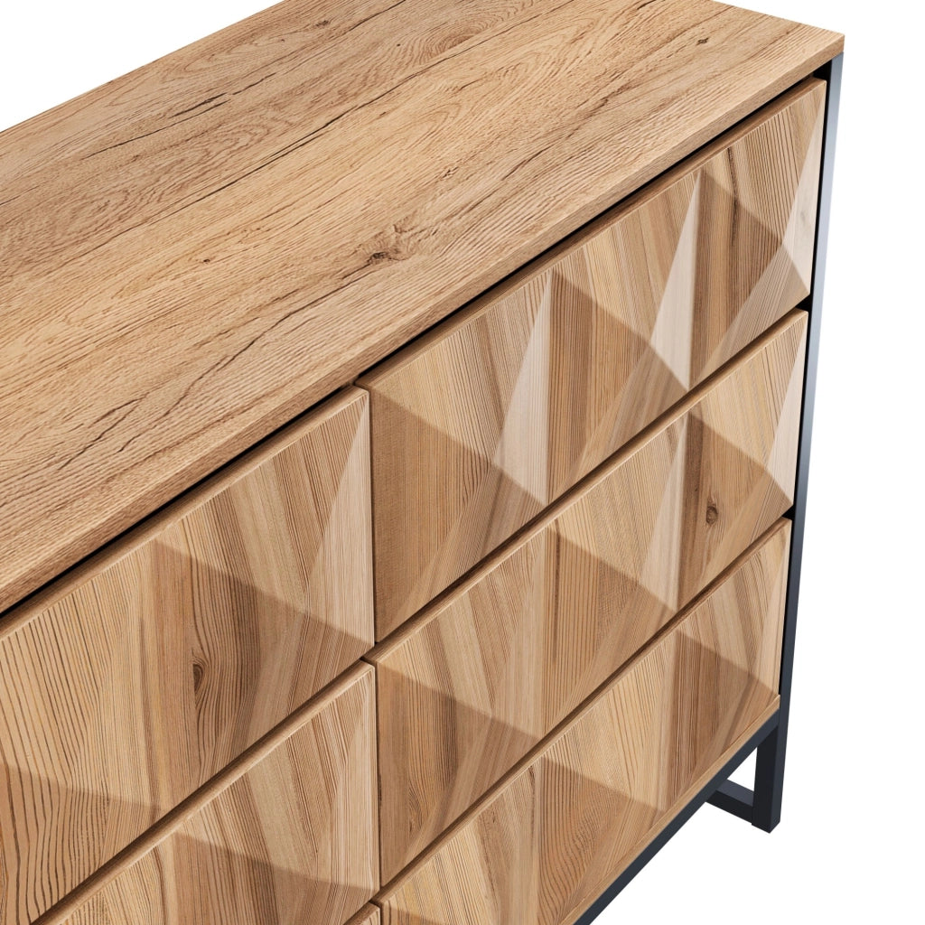 Credenza moderna con sei cassetti, nero e effetto legno