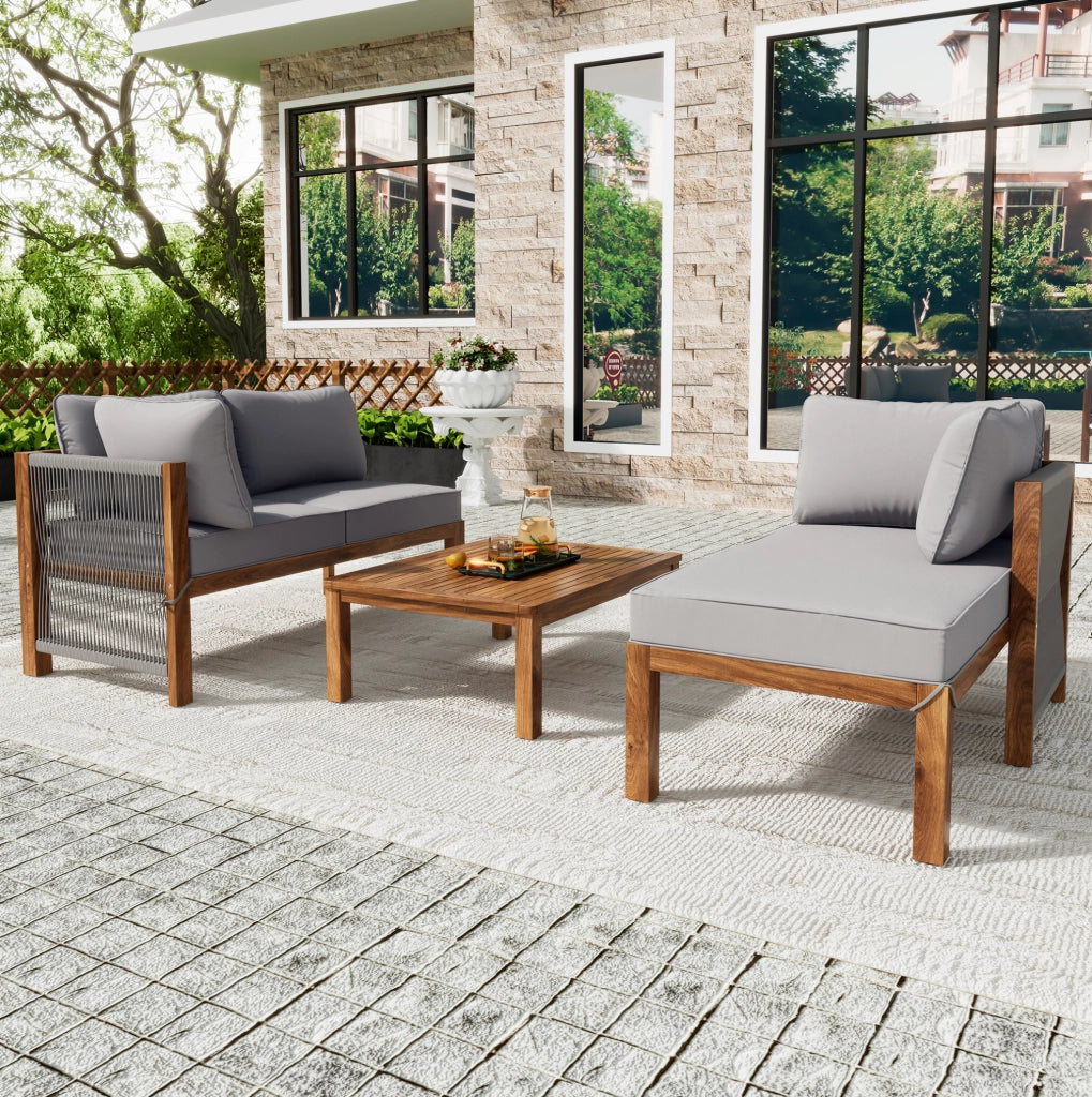 Set salotto da giardino 175x58x80 cm; intreccio a mano con cuscini sfoderabili; legno grigio