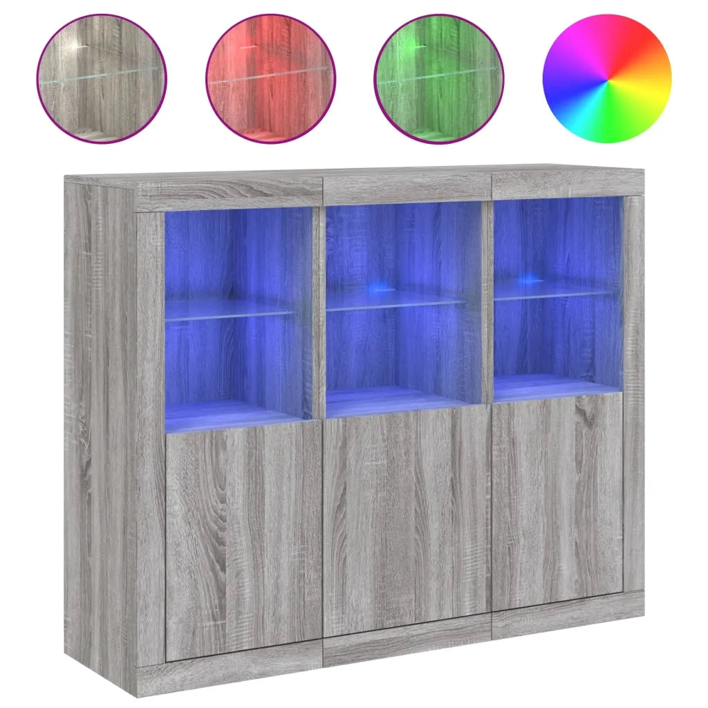 Credenze con Luci LED 3 pz Grigio Sonoma in Legno Multistrato 3209105