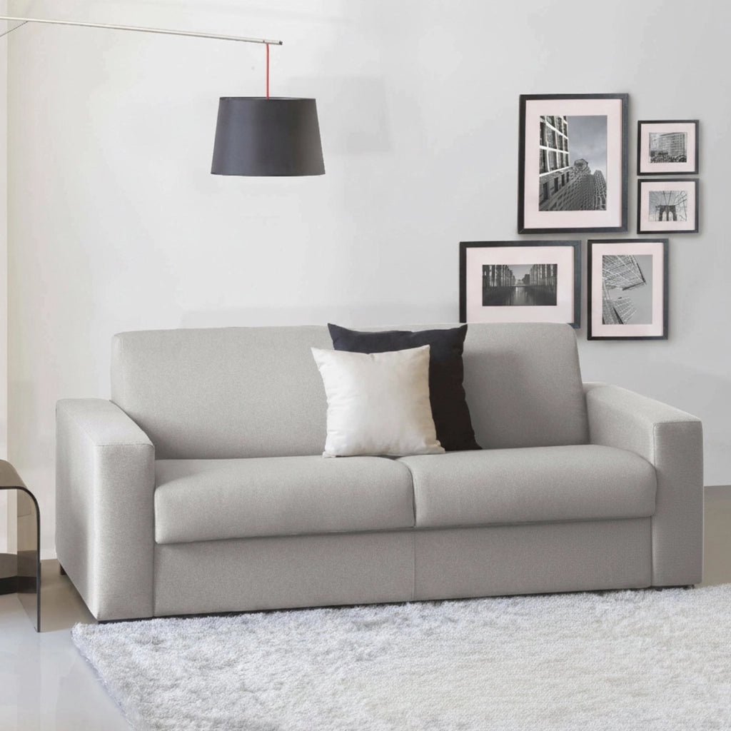 Divano Letto Estia, Divano a 3 posti, Made in Italy, SofÒ  Soggiorno con apertura girevole, in tessuto imbottito, con Braccioli standard, cm 220x95h90, Grigio