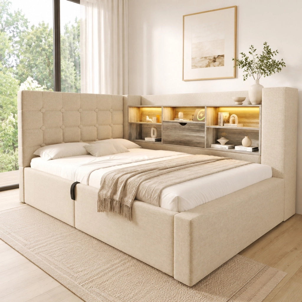 Letto singolo 90x200 cm con LED, ricarica USB e contenitore