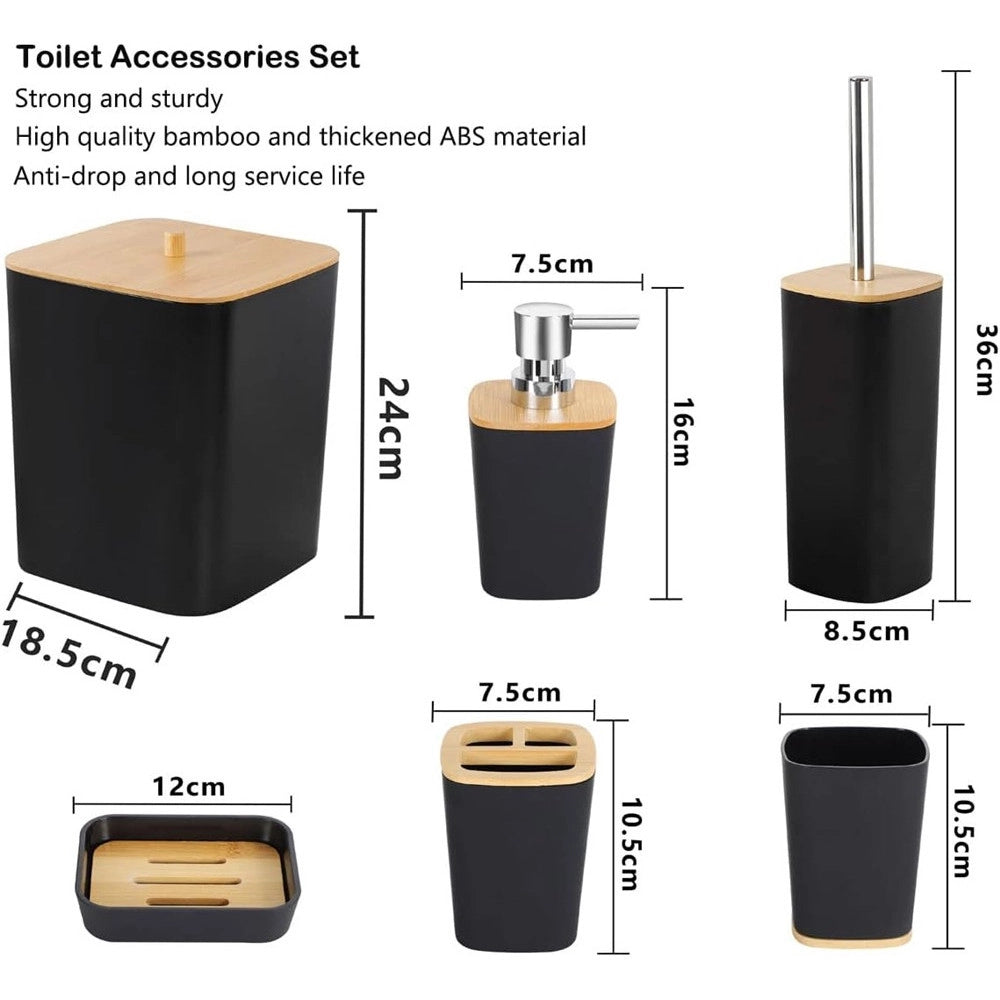 Trade Shop - Set Accessori Bagno In Bambù 6 Pz Moderno Bidone Spazzatura Portasapone Dispenser -