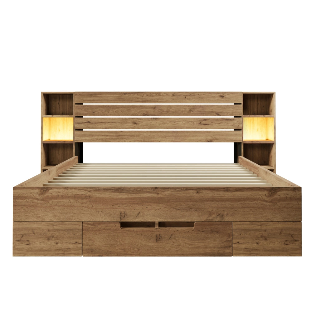 Letto matrimoniale 180x200 con testiera LED; USB e Type-C; cassetti e ripiani; rovere