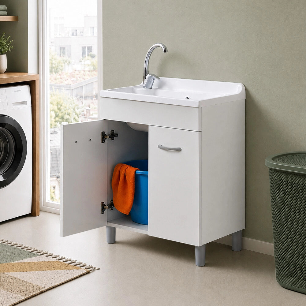 Mobile lavatoio 70x40 cm bianco opaco con vasca in abs con strofinatoio integrato e kit di scarico Medea