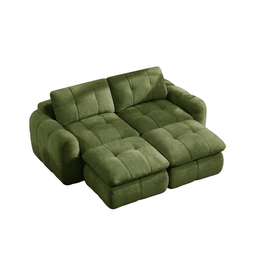 Divano 2 posti con 2 poggiapiedi ¨C Minimal ¨C verde in tessuto chenille trapuntato