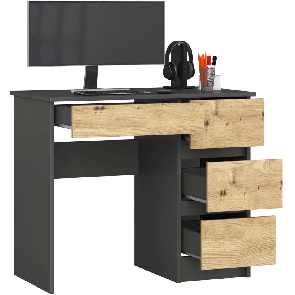 Scrivania per computer AKORD A7 Grigio Grafite 90 cm 4 cassetti inserto frontale Quercia Artigiana 90x50x77 cm Modello a destra
