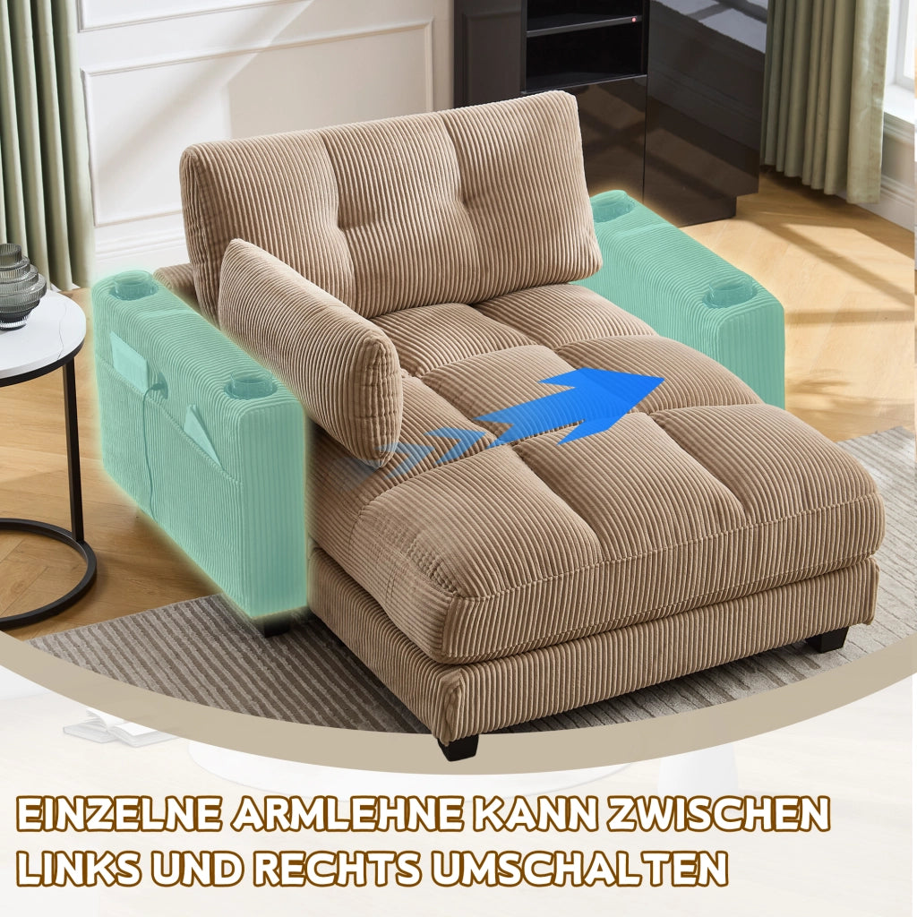 Poltrona Relax Con Poggiatesta Regolabile; Portabicchieri; Tasca Laterale; USB; Cuscino; in Velluto a Coste Khaki