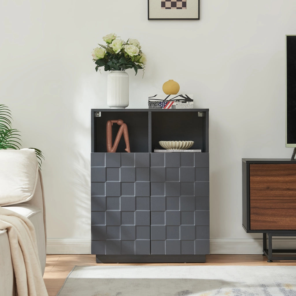 Armadio Comò Alto Bopibobro a 2 Ante Credenza con 2 Ripiani Aperti e 4 Vani Chiusi 86 x 64 x 36 cm - Grigio Scuro [en.casa]