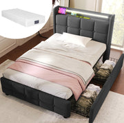 Letto imbottito 90x200 cm con USB; LED e 2 cassetti; grigio