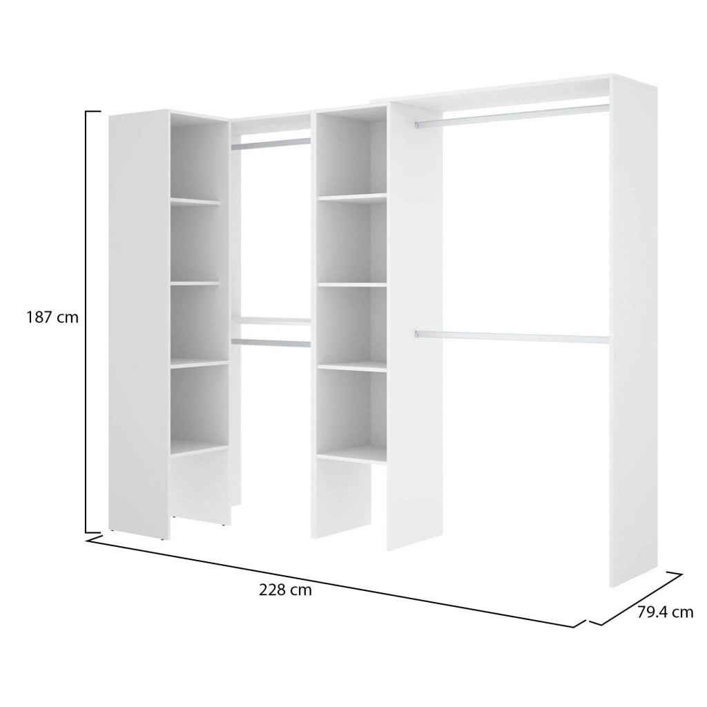 Guardaroba Antilope, Struttura per cabina armadio angolare, Mobile appendiabiti aperto ad angolo, 228x79h187 cm, Bianco