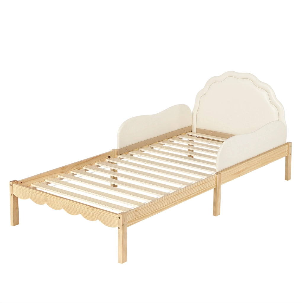 Letto imbottito 90x200 cm con testiera in PU e spondine laterali; legno beige naturale