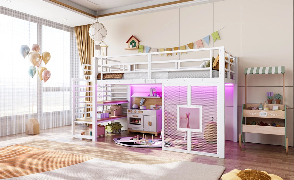 LETTO A SOPPALCO 90x200 cm in metallo bianco con scala e LED