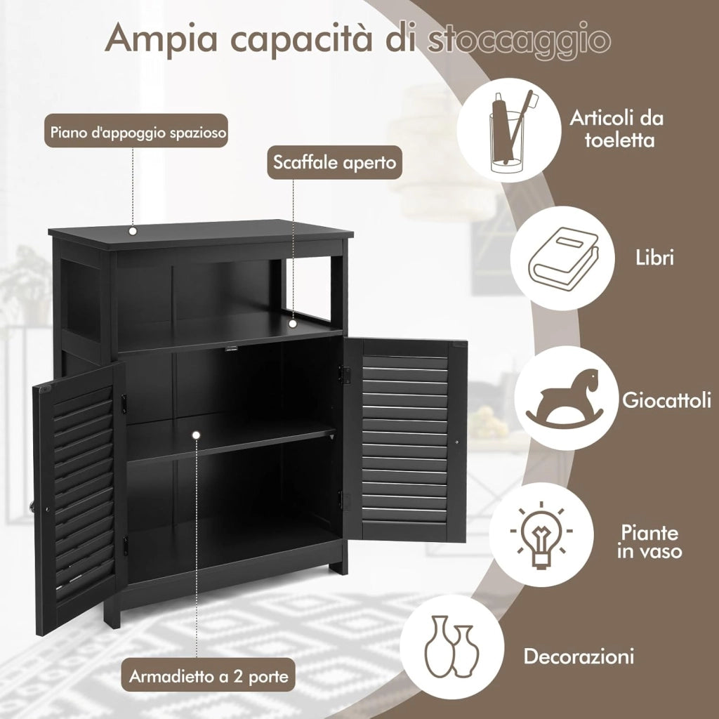 Armadietto da Bagno, Armadietto di Legno con Doppie Ante a Persiana e Mensola Regolabile, Mobile da Bagno Basso Salvaspazio per Ingresso e Camera da Letto, 60 x 30,5 x 80 cm (Nero)