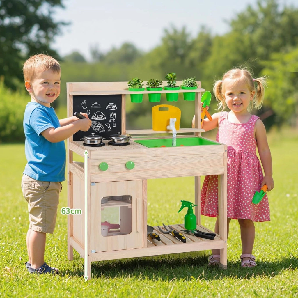 Cucina Giocattolo in Legno Massello, Cucina da Gioco con Rubinetto e Fioriera Removibile, Gioco Imitazione Fango e Giardinaggio all'Aperto, per Bambini 3+ Anni, 73 x 36 x 92 cm