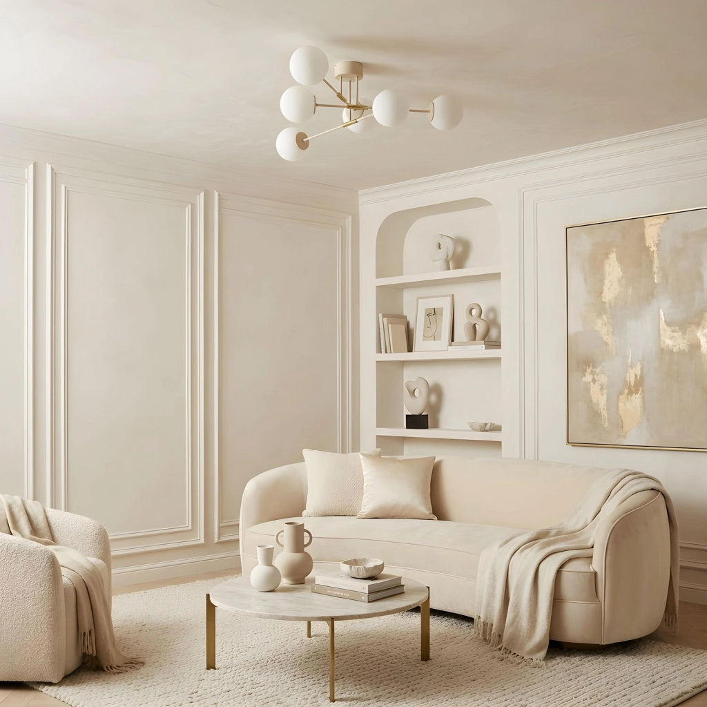 Plafoniera Glame 6xE27 beige oro sfere bianche Luminex