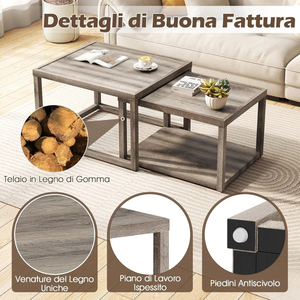 Set di 2 Tavolini Impilabili da Salotto con Ripiano e Struttura in Legno di Gomma, Tavolini Sovrapponibili con Stile Rustico per Soggiorno, Sala d'Attesa e Ufficio, Grigio