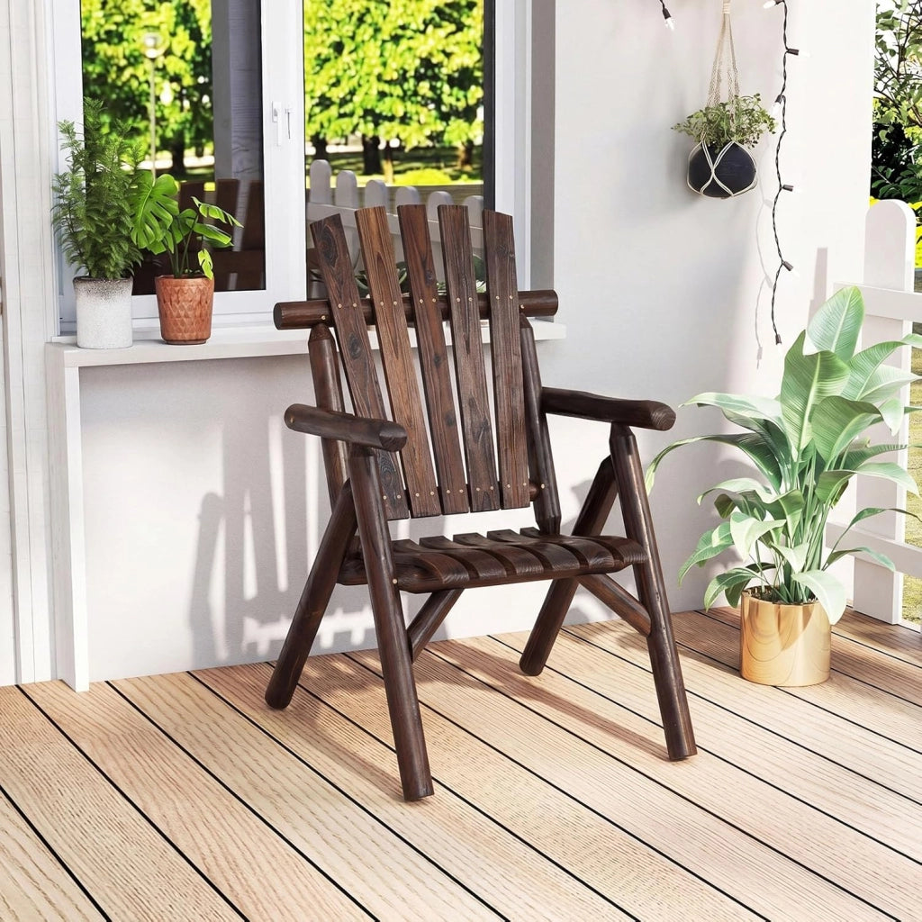 Sedia da Giardino Singola, Poltrona da Esterno in Legno con Braccioli, Schienale Alto, Portata 150 kg, Panca da Giardino Adirondack per Terrazza e Cortile, 67 x 81 x 107 cm (Marrone)