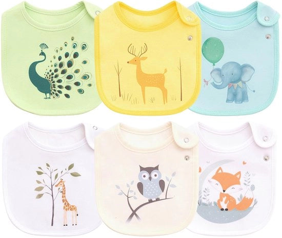 Set di 6 salviette di cotone impermeabili per bambini, adatte per ragazzi e ragazze, con chiusura a pressione, 6 pezzi.