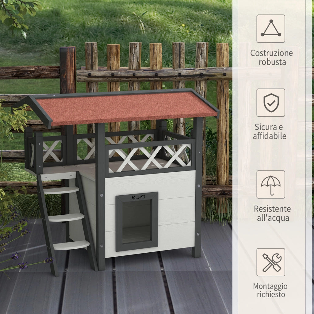 Casetta per Gatti da Esterno con Terrazza e Scaletta in Legno, 77x50x73cm, Bianco e Grigio