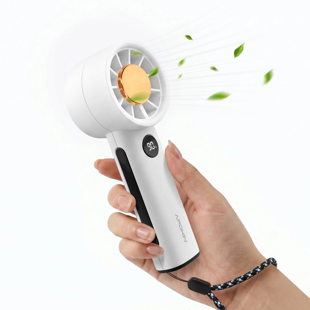 Ventilatore Portatile 100 Velocità Ricaricabile USB-C con Schermo LED / Cordino Bianco Apokin